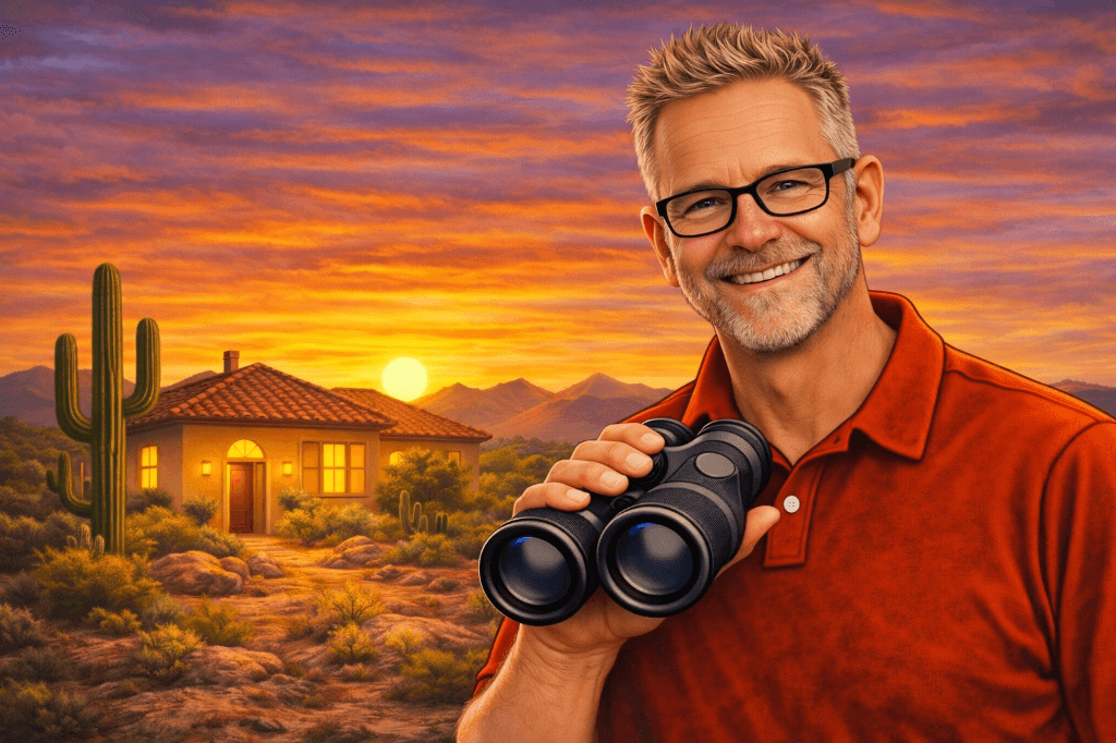 Mr. Bill's Home Watch — trusted home watch professional with binoculars in front of Arizona desert home